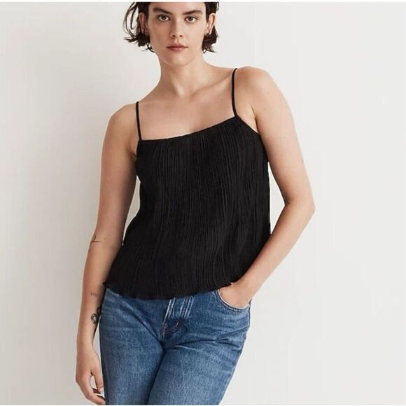 Madewell Cami Tank Womens Large Black Plissé Cropped Spaghetti Strap Pleated NWT - Picture 1 of 11